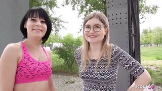 GERMAN SCOUT - Two skinny girls first time ffm 3some at pickup in Berlin