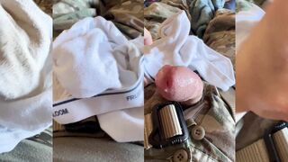 Army soldier customizes some tighty whities for a follower