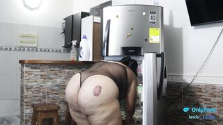 My step son fucks me in the kitchen and I get a load on my tits